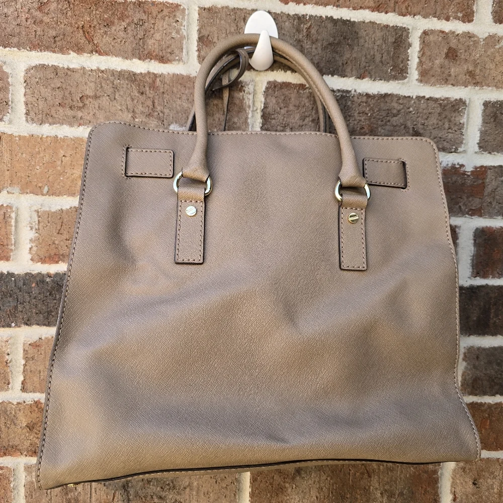 Michael Kors Hamilton Large Saffiano Leather Satchel Tote Lock Charm Taupe Beige